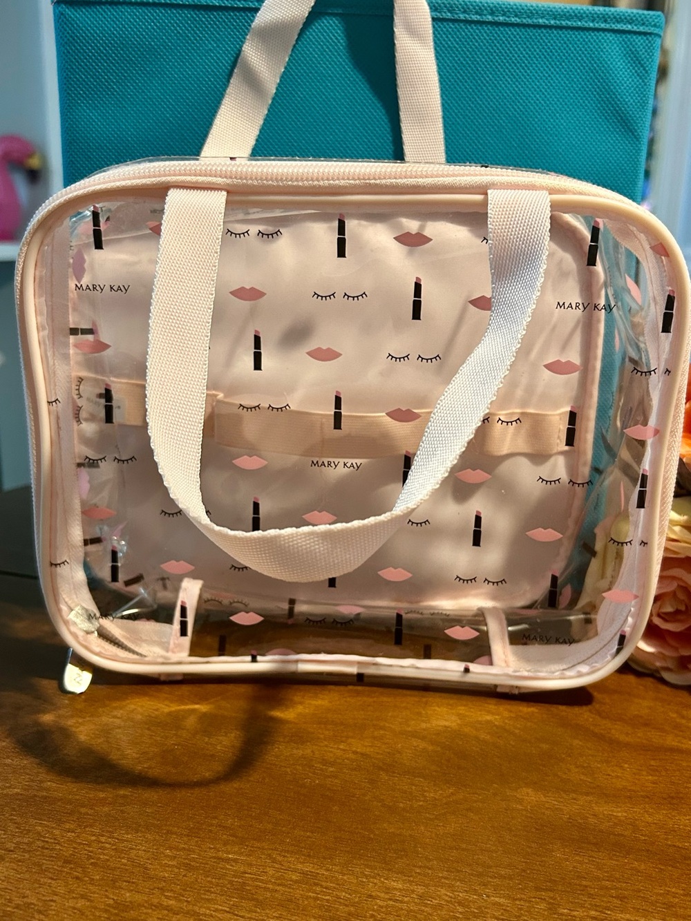 Mary Kay Pink Clear Cosmetic Carry Tote with Lipstick Print
